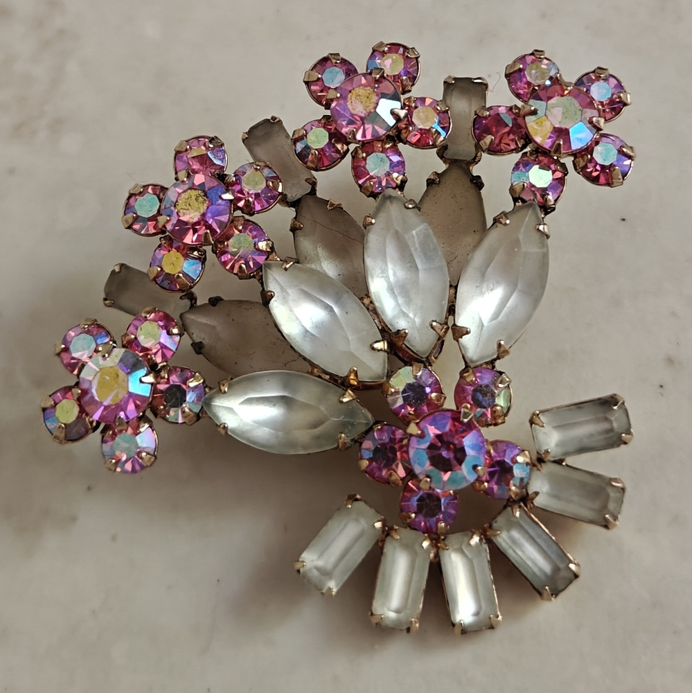 Elegant Signed Pierre Floral Bouquet Crystal Brooch